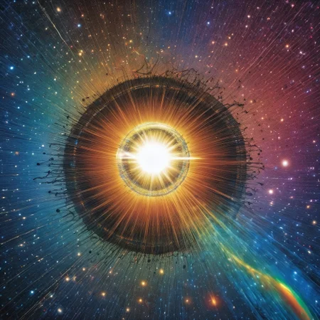 cosmic spacetime abstract concept art with shiny metallic iridescent rainbow particles of light, etched pitted, solar eclipse, planets made of cd's orbiting around over
BREAK
huge vinyl_LP with solar flare over background grooves etched in universal vinyl LP_record Oort-Cloud, in background of infinite tangled unwound tape-casette-spool of spacetime, within black void, high-resolution
