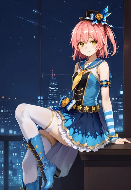 safe_pos, 1girl, solo, solo focus, highres, absurdres, CtK_LiYu, short hair, yellow eyes, pink hair, mini hat, hair ornament, bangs, 

white skirt, blue sailor collar, white thighhighs, blue bow, one side up, sleeveless, belt, blue dress, bare shoulders, yellow neckerchief, gold trim, striped arm warmers, bare arms, 

looking at viewer, sitting, from side, leg up, knee up, boots,

cityscape, neon lights, shade, night, night sky, dark, backlighting,