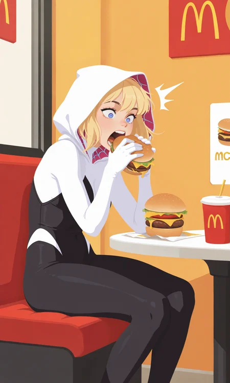 embedding:IllusP0s, g00se, no lineart, eating burger, sitting, surprised, mcdonald's, screaming, 1girl, solo, gwen stacy_\(spiderman\)<lora:g00se_v3_ill.safetensors:1.0:1.0>
