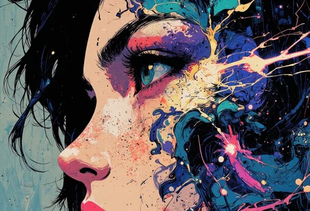 (*highly detailed, digital artwork, close-up, realism, abstract expressionism, vivid colors, dynamic movement*) A close-up of a person's face, focusing on the left eye and part of the nose, while the right side merges into an intricate abstract pattern. The eye is an intense turquoise with intricate details in the iris, pupil, and eyelashes. The nose is realistically textured and shaded, blending seamlessly into the abstract design.  
The abstract pattern consists of deep blue, violet, and silver streaks resembling fluid energy or lightning, with vibrant hues creating a sense of motion. The dark blue and violet tones contrast against the shimmering silver highlights. The background is a cool, desaturated gray, enhancing the prominence of the eye and abstract elements.  
The skin texture is smooth and highly realistic, with fine lines and shadows adding depth. The hair is depicted with delicate, intricate strokes, maintaining a balance between realism and abstraction. The overall composition merges sharp digital precision with expressive, flowing elements, blending realism with abstract energy in a striking, visually compelling image.