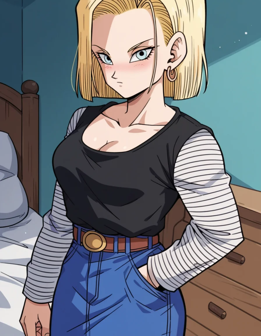 score_9, score_8_up, score_7_up, source_anime, <lora:android-18-anime-ponyxl-lora-nochekaiser:1>, android 18, blonde hair, blue eyes, eyelashes, hoop earrings, short hair, earrings, belt, black legwear, black shirt, breast pocket, cleavage, collarbone, denim, denim skirt, high-waist skirt, jewelry, long sleeves, pocket, shirt, shirt tucked in, skirt, striped, striped sleeves, waistcoat,, indoors, bed, bed room, on side, blush, drunk, looking at viewer, solo,, cowboy shot, dutch angle