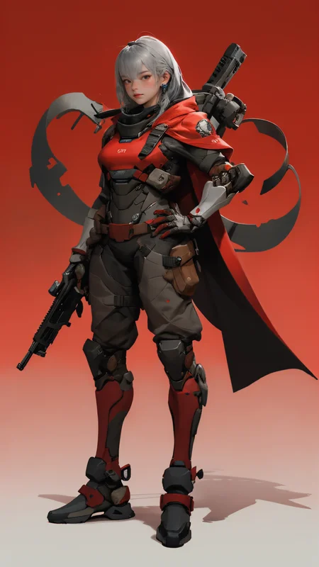 absurdres,22 -year -old woman,BREAK (grey cybersuit),android,(black upper armor),mechanical arms,machinery,prosthesis,solo,(silver hair),long hair,cloak,BREAK hand on hip,contrapposto,(red background:1.2),<lora:nijiarmor_anime_v2:0.6>,<lora:gunsLoHatry3:0.5>,<lora:NijiExpressV2:0.4>,holding a assault gun,from_side,