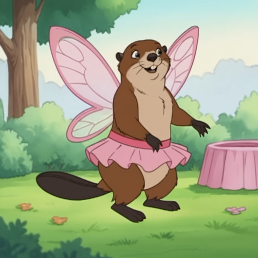 score_9, score_8_up, score_7_up, score_6_up, score_5_up, score_4_up, source_furry, beaverfrnkln, semi-anthro, female, beaver, brown fur, buck teeth, outside, standing, fairy wings, pink tutu,