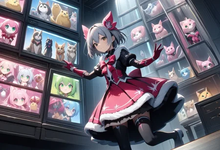 best quality, high resolution, a display stand for a magical girl with details of cute pets