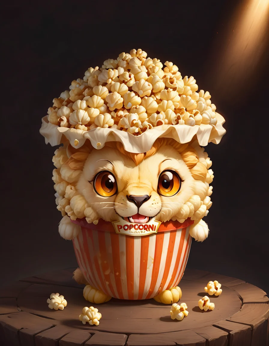 very cute appealing anthropomorphic popcorn lion, looking at the viewer, macro, cinematic lighting, fantasy art, dynamic composition, epic realistic, award winning illustration <lora:FoodPets:1> Foodpets