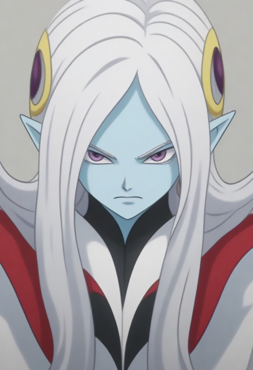 Masterpiece, Top Quality, source_anime, anime screencap, source_anime, auratheguillotine, anime screencap, masterpiece, source_anime, shiny skin,,,,towa(dragon ball), pointy ears, colored skin, blue skin, long hair, purple eyes,white hair, hair ornament, jewelry,