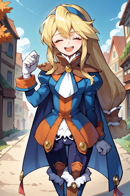 score_9, score_8_up, score_7_up, score_6_up, source_anime, 1girl, solo,  <lora:clarissaarwin-pdxl-nvwls-v1-000005:1> clarissa arwin, blonde hair, hairband, low-tied long hair, white ascot, blue cape, blue coat, puffy sleeves, white gloves, blue pants, thigh boots, closed eyes, smug, open mouth, hand up, walking, village, autumn
