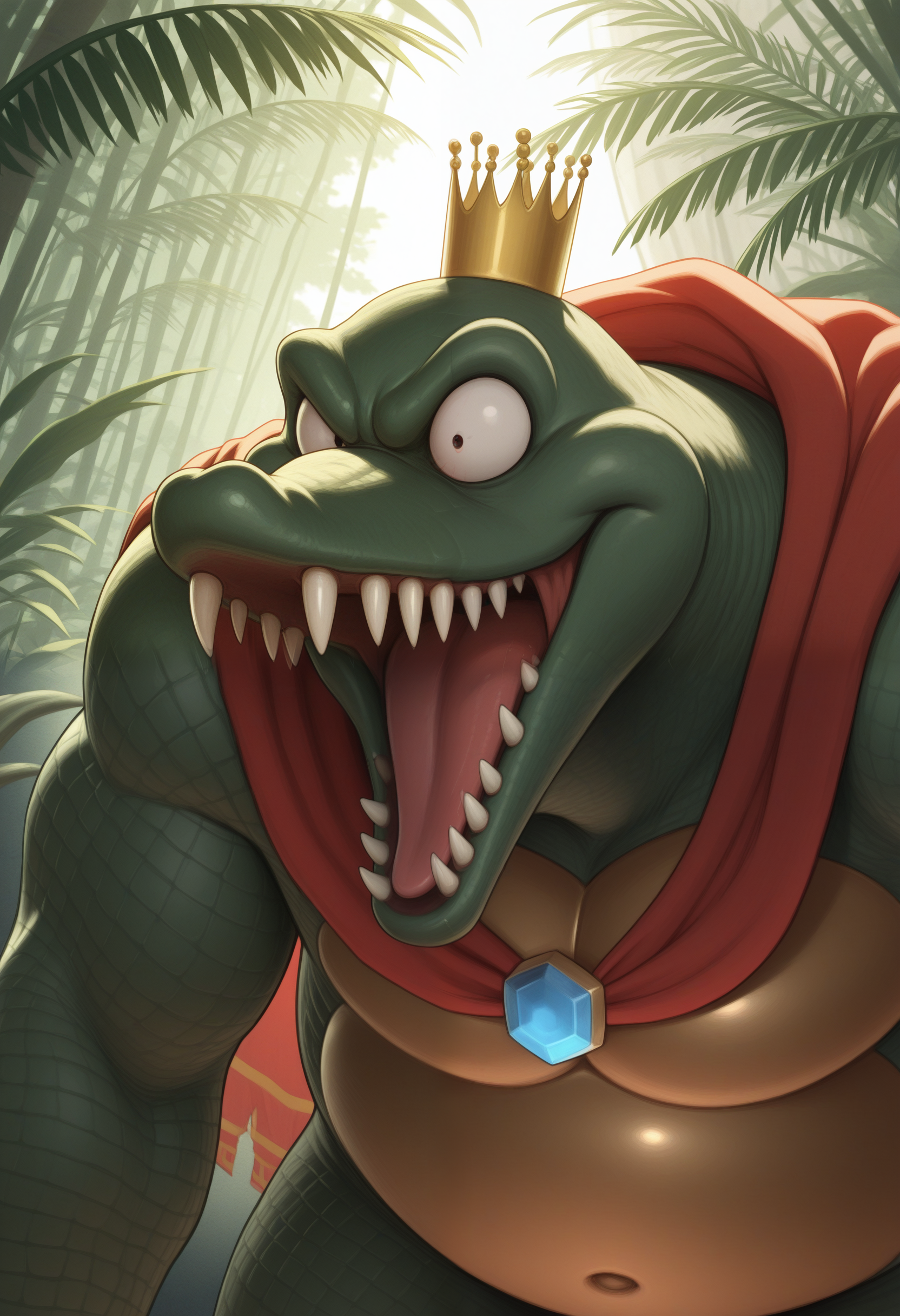 masterpiece,best quality, amazing quality, 1boy, solo,  r00l, crocodilian, bloodshot eyes, red cape, crown, close up, side angle, jungle,