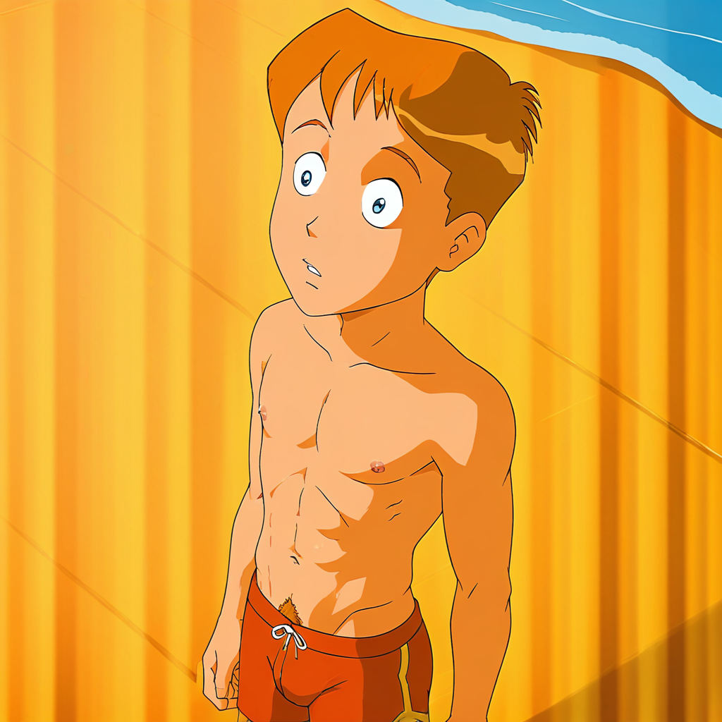 embedding:Pony\Positive\zPDXL3, masterpiece, best quality, good quality, male focus, jason_hightower_totally_spies, solo, aged up, 18 years old, 1boy, mature male, mature man's body, male focus, high resolution, slim body, outdoors, beach, sand, coney island, large head, wide head, short hair, reddish-orange hair, reddish-orange eyebrows, blue eyes, reddish-orange sideburns, reddish-orange thin goatee, topless male, blue swimtrunks, beach background, barechest, pectorals, nipples, navel, abs, pubic hair