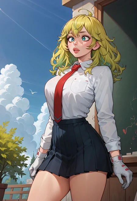 Expressiveh, 1girl, (solo) long hair, green hair, multicolored hair,s kirt, blonde hair, shirt, gloves, long sleeves, school uniform, white shirt, ahoge, pleated skirt, necktie, collared shirt, white gloves, black skirt, red necktie, black socks. standing, BREAK outdoors, blue sky, sunny day, thick lips, digital painting (head, torso and thighs)