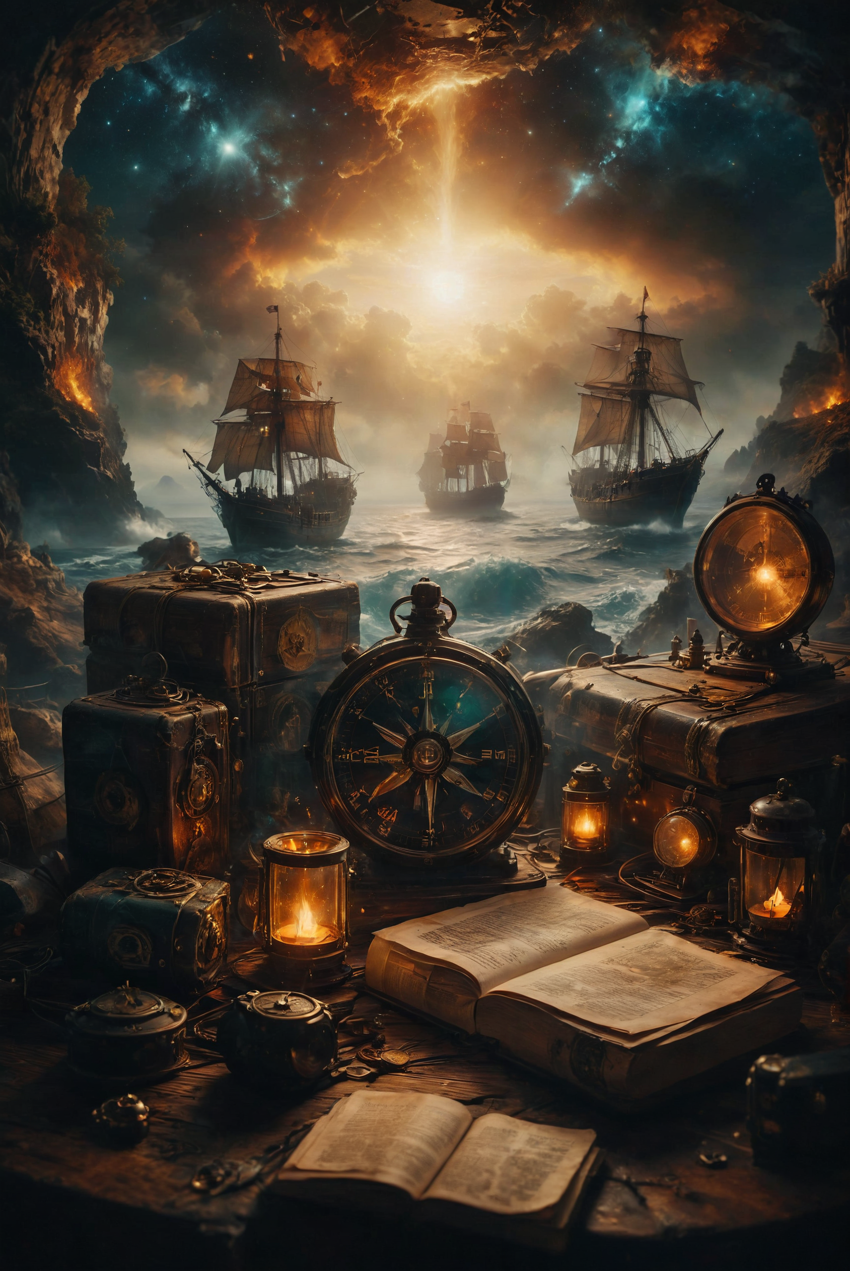 An ancient compass rests beside a nautical chart and sextant, surrounded by a collection of worn, weathered books on a timeworn wooden table in the captain's cabin. The scene is softly illuminated by the glow of beige candles, casting a warm light on the aged yet still functional instruments. Despite their years of use, the tools retain an air of enduring reliability and maritime history,
deep depth of field, photography, Natural geographic photo, Hyper-realistic, 16k resolution, (masterpiece, award winning artwork), many details, extreme detailed, full of details, Wide range of colors, high Dynamic,
<lora:add-detail-xl:2> <lora:MJ52:0.5> <lora:zavy-cntrst-sdxl:1> dark <lora:SDXLFaeTastic2400:0.8> Faetastic  <lora:DoubleExposure:0.5> double exposure, merging into ancient sailing vessel,