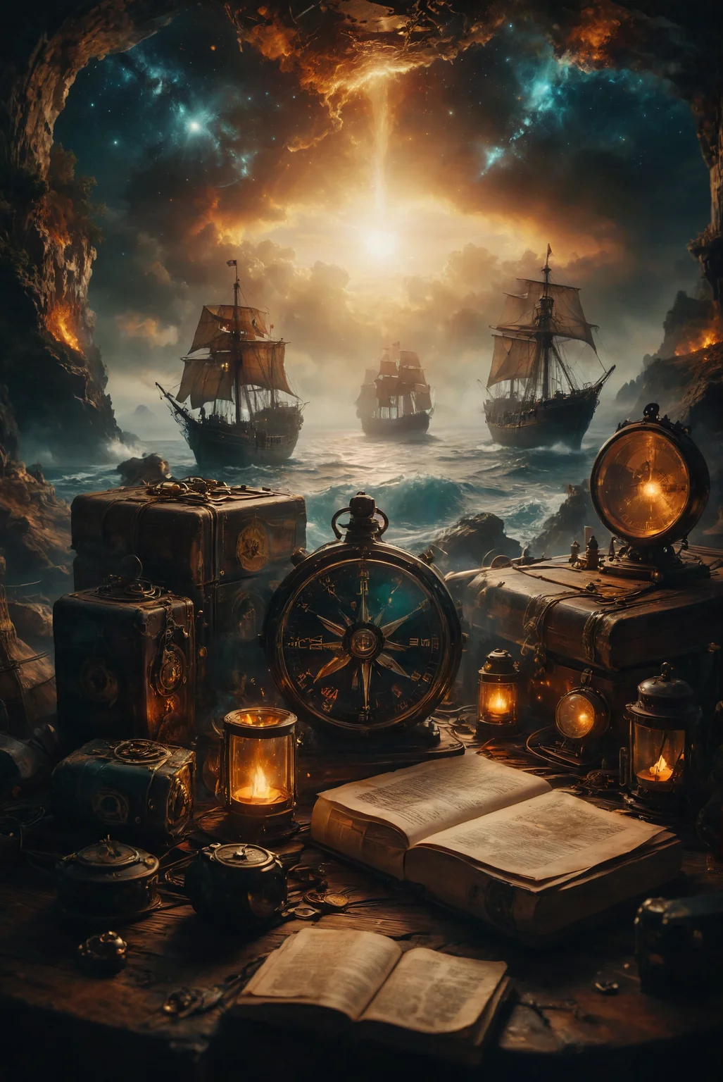 An ancient compass rests beside a nautical chart and sextant, surrounded by a collection of worn, weathered books on a timeworn wooden table in the captain's cabin. The scene is softly illuminated by the glow of beige candles, casting a warm light on the aged yet still functional instruments. Despite their years of use, the tools retain an air of enduring reliability and maritime history,
deep depth of field, photography, Natural geographic photo, Hyper-realistic, 16k resolution, (masterpiece, award winning artwork), many details, extreme detailed, full of details, Wide range of colors, high Dynamic,
<lora:add-detail-xl:2> <lora:MJ52:0.5> <lora:zavy-cntrst-sdxl:1> dark <lora:SDXLFaeTastic2400:0.8> Faetastic <lora:DoubleExposure:0.5> double exposure, merging into ancient sailing vessel,