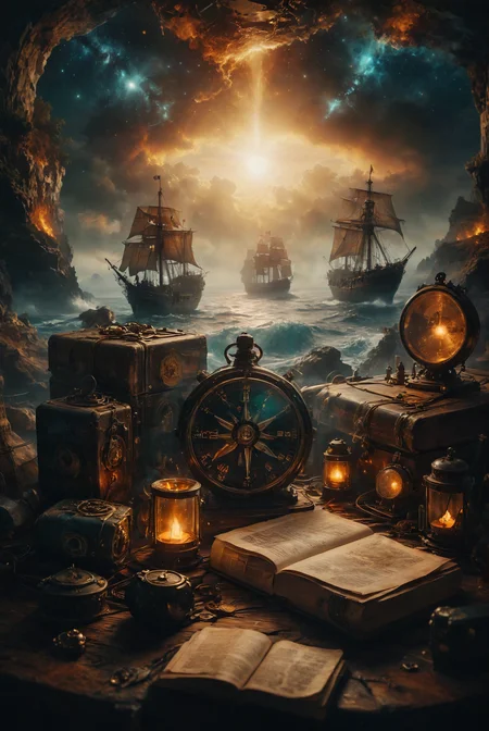 An ancient compass rests beside a nautical chart and sextant, surrounded by a collection of worn, weathered books on a timeworn wooden table in the captain's cabin. The scene is softly illuminated by the glow of beige candles, casting a warm light on the aged yet still functional instruments. Despite their years of use, the tools retain an air of enduring reliability and maritime history,
deep depth of field, photography, Natural geographic photo, Hyper-realistic, 16k resolution, (masterpiece, award winning artwork), many details, extreme detailed, full of details, Wide range of colors, high Dynamic,
<lora:add-detail-xl:2> <lora:MJ52:0.5> <lora:zavy-cntrst-sdxl:1> dark <lora:SDXLFaeTastic2400:0.8> Faetastic  <lora:DoubleExposure:0.5> double exposure, merging into ancient sailing vessel,