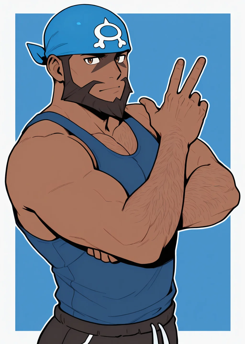<lora:Archie_IL:0.99> archiepokemon, 1boy, beard, blue bandana, hairy, wrinkles, man on 40s, facial mark, dark skin, bara, muscular, fitness, gym, tank top, black boxer, brown eyes, brown eyes, looking at viewer, (((simple color, high contrast, thick artline))), pose, masterpiece, best quality