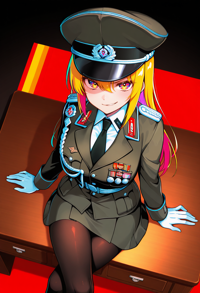 masterpiece, best quality, Graphic Design, color art, vibrant colors, colorful, intricate details, high contrast, detailed background, beautiful detailed, beautiful face, detailed eyes, detailed face, new, newest, 1girl, solo, nv4, hat, uniform, military uniform, gloves, military, military hat, medal, peaked cap, necktie, aiguillette, director's office, sitting on desk, crossed legs, skirt, pantyhose, from above, high angle, german flag, looking at viewer, cleavage, smirk,