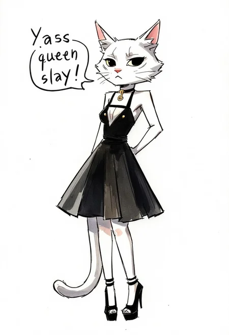 Watercolor painting of a dragqueen white cat in a black dress and high heels. Speech bubble "Yass queen slay!"