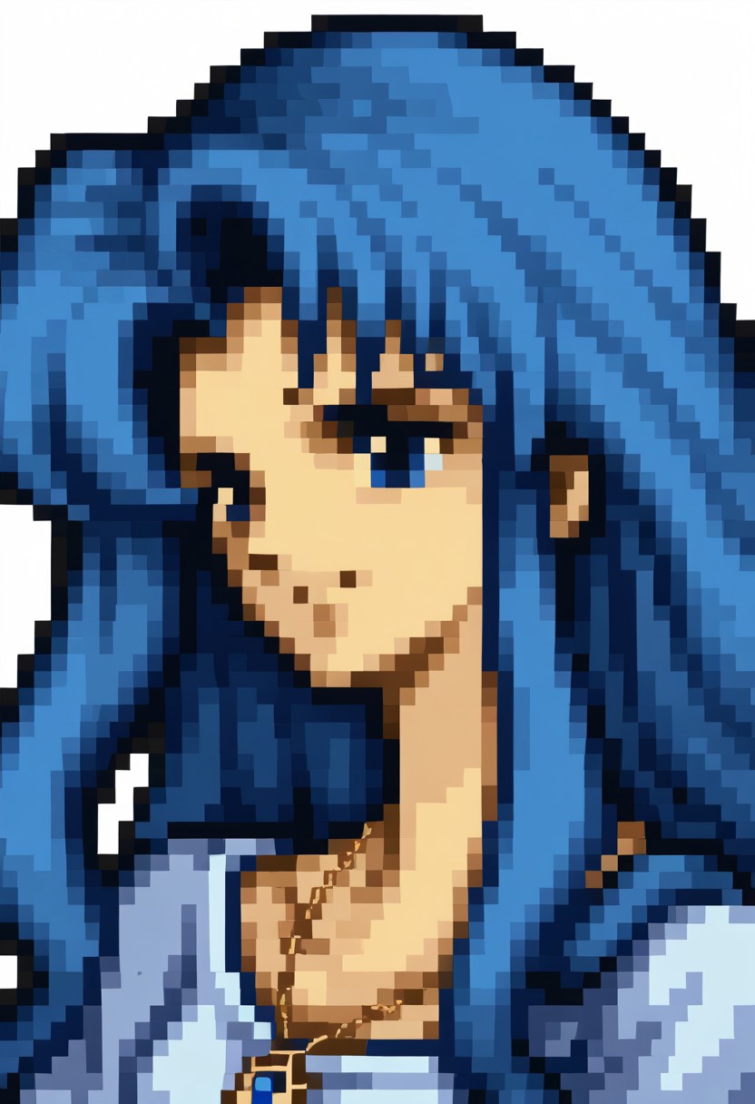 score_9, score_8_up, score_7_up, source_anime, 1girl, solo, smile,
<lora:zs_FE4PortraitsXL:1> fe4portraits, portrait, pixel art, white background
<lora:ysfeena-pdxl-nvwls-v1-000004:1> ysFeena, blue hair, very long hair, blue eyes, necklace, white robes, short sleeves