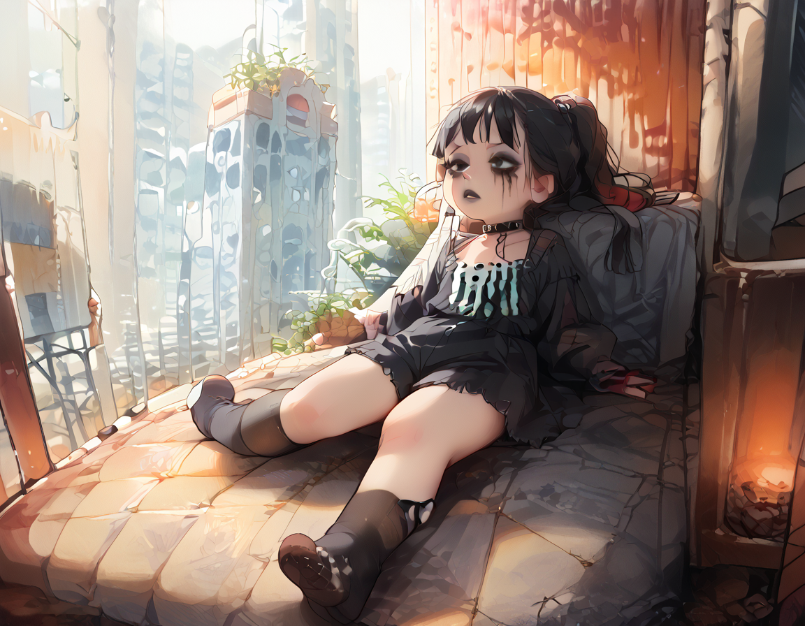 (score_9,score_8_up,score_7_up:1), 1girl, full body, pin-up angle, horror, darkness, internal glow, radiant skeleton, angry, (goth, (black lipstick, black mascara, black eyeshadow)), (flat tummy, close shoulders), black hair red highlights, hair ponytail style, bangs, choker, eyeshadow)) (bloodless white rough skin), pawg, wide hips, milf, <lora:butt:1>, (laying on back), eastern European city balcony, (<lora:zavy-cntrst-sdxl:1> chiaroscuro, low-key, horror), (<lora:goth_clothes:1> goth clothes, jewelry, black stockings, black shorts), <lora:MARELycoXL:1>, <lora:add-detail-xl:1>