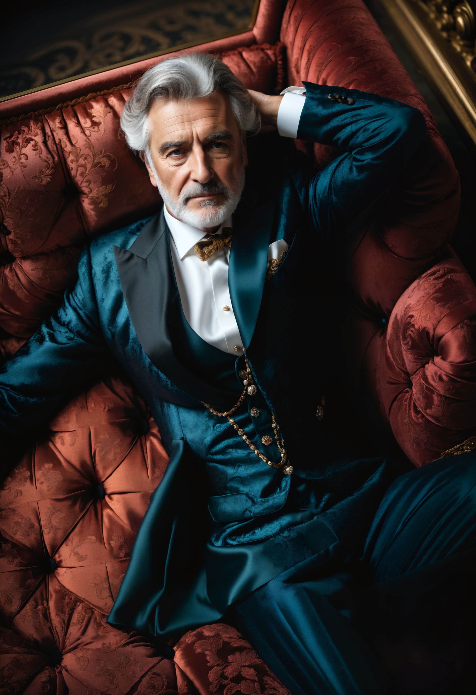 glamour portrait shot (from above:0.5) of rich sophisticated old european in fancy clothes, ((overwhelming fatigue)), wrinkles of age, photorealistic, moody colors, gritty, masterpiece, best quality, (intricate details), dreamy, magnificent, ethereal, volumetric lighting, lightroom, ((cinematic)), raytracing, subsurface scattering, face focus,