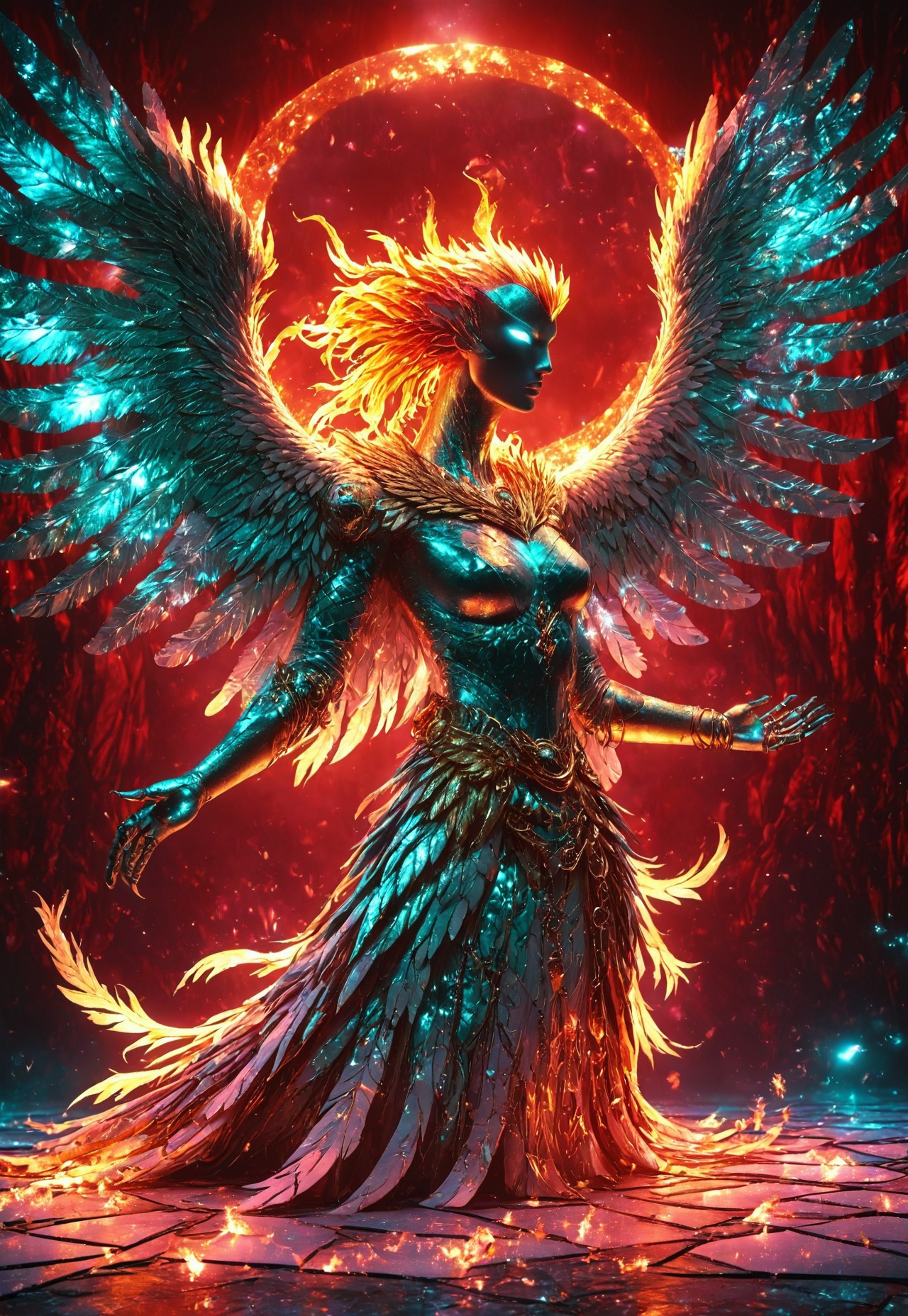 A human female, shapeshifter, turning into a phoenix, a mythological anthropomorphic bird, Grunge, Hyperrealism, Overhead Lighting, RGB Lighting, Sony A7R IV, Ultra Wide Angle Lens, Silver Color, Ruby Color, Teal Color, Gold, Liquid Crystal, Optical Fiber, Fantasy, Quasar Quilt Backdrop, Prism Effect, 8k, By Roy Lichtenstein, midjourneyv6.1, LegendDarkFantasy