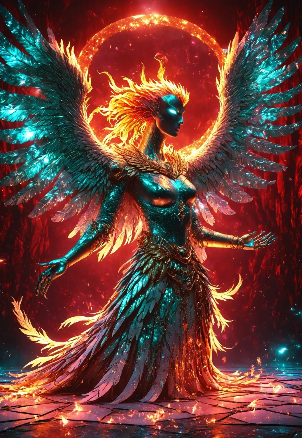 A human female, shapeshifter, turning into a phoenix, a mythological anthropomorphic bird, Grunge, Hyperrealism, Overhead Lighting, RGB Lighting, Sony A7R IV, Ultra Wide Angle Lens, Silver Color, Ruby Color, Teal Color, Gold, Liquid Crystal, Optical Fiber, Fantasy, Quasar Quilt Backdrop, Prism Effect, 8k, By Roy Lichtenstein, midjourneyv6.1, LegendDarkFantasy