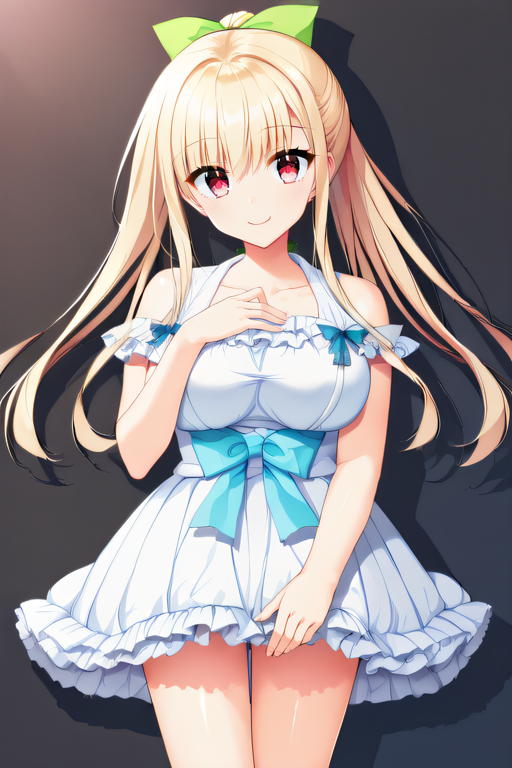 score_9, score_8_up, score_7_up, source_anime, rating_safe, intricate details, official style, 1girl, solo, <lora:Kashima_Riri:1>, riri, blonde hair, long hair, pink eyes, large breasts, ponytail, green bow, white dress, frilled dress, looking at viewer, smile, indoor, cowboy shot, hand on chest