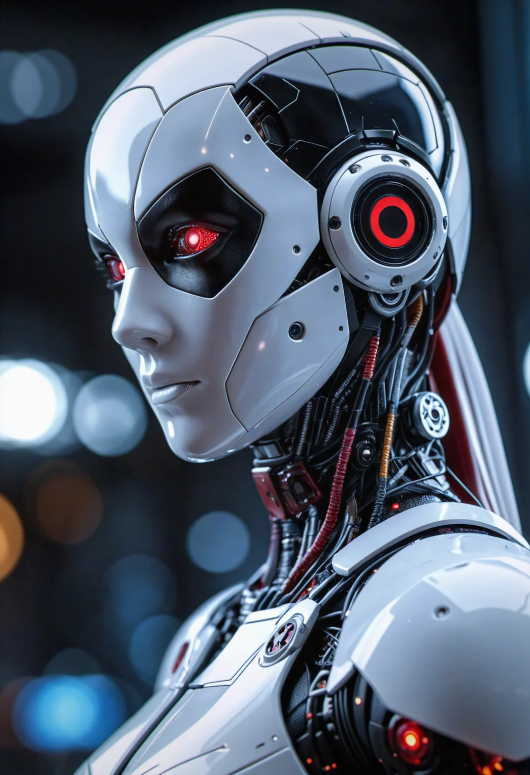 cybernetic robot (best quality, masterpiece, highest detailed), a beautiful woman, medium breasts, white deadpool suite, ultra-detailed, (official art, extreme detailed, highest details), photorealistic, intricate translucent energy details, bokeh, detailed face, detailed eyes, HDR+ 8K, over the shoulder shot,side view,mystical cimmeria . android, AI, machine, metal, wires, tech, futuristic, highly detailed