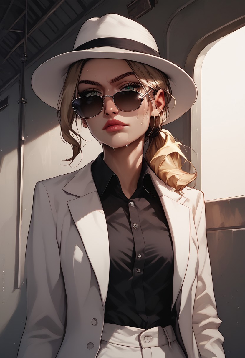 crisp image, score_9, score_8_up, score_7_up, 1girl, ((1 adorable and cute sexy slut)), realistic lighting, realistic shadows, Expressiveh, 
BREAK, partierbetherz, fedora, sunglasses, dominant, cute and sexy face, beautiful skin, blonde hair, ponytail, beautiful face, light skin, petite perky breasts, black shirt, button up blouse, open collar, open_shirt, black_and_silver_aviators, tinted_eyewear, black_framed_eyewear, sunglasses, white_blazer, black_shirt, white_pants, black_heel_shoes, white blazer, white fedora, sweat,
BREAK, detailed background, beautiful lighting, evening, sunset, old train station. overgrown, mossy concrete,
cowboy shot, thinking pose, hand on chin,