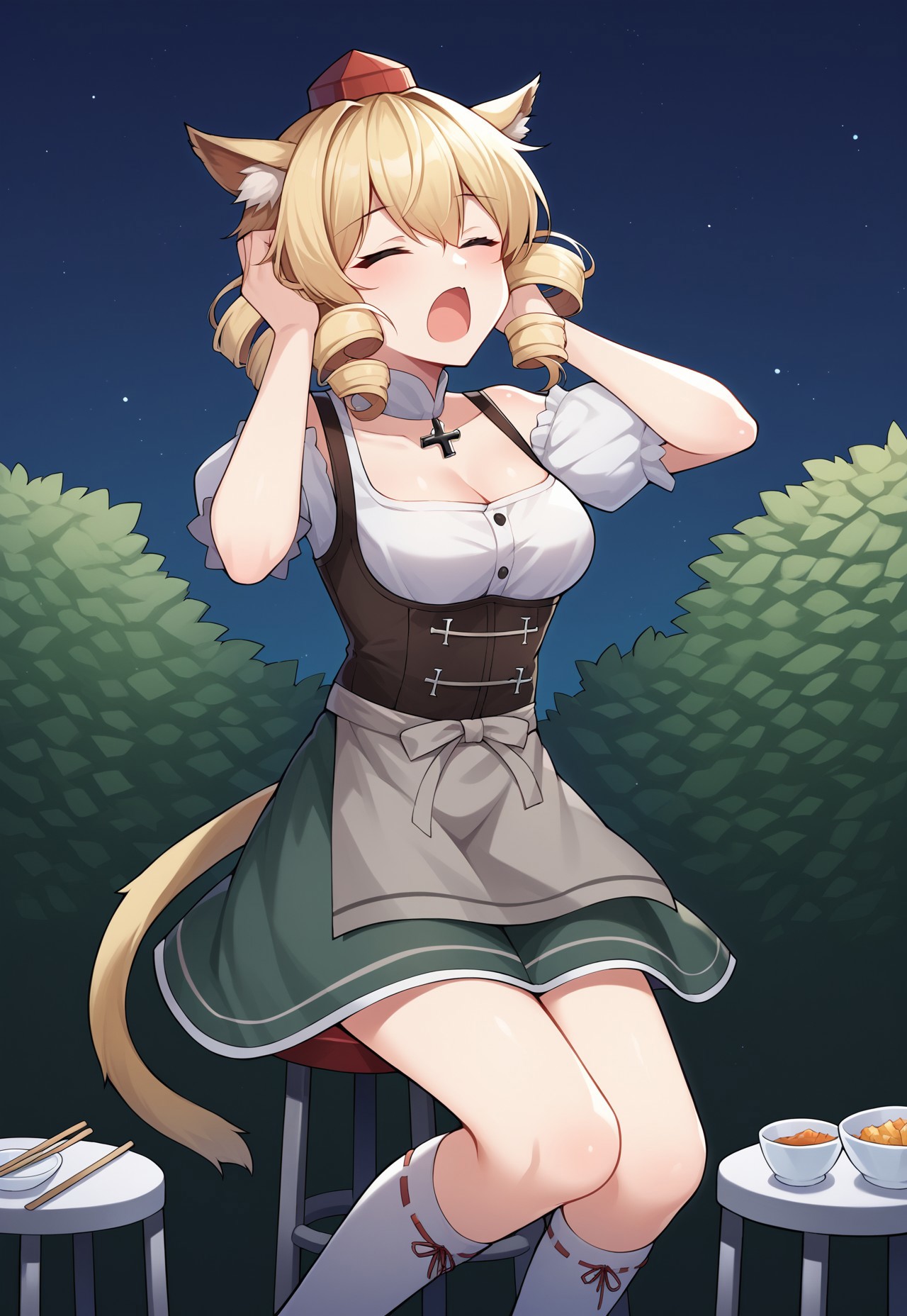 safe_pos, score_9, score_8, score_7, source_anime, dirndl, crystal, kneehighs, hands on own face, cross, grey apron, wind lift, goat, wind, bush, gauntlets, holding chopsticks, curtain grab, slashing, bat girl, kazagumo (kancolle), green dress, tomboy, adjusting eyewear, braided bangs, mole, honeycomb (pattern), animal ear fluff, grabbing own breast, drill hair, clenched hand, tachi-e, ears through headwear, stool, white flower, tail ribbon, white socks, miqo'te, outstretched arm, eunectes (arknights), flats, animal hug, yawning, night, knees up, cropped torso, clear sky, tokin hat