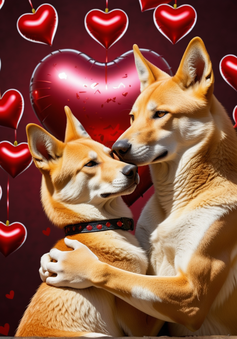 (animal:(Dingo:1.19)),  ,  , (Valentines Day:1.25), (romantic scene:1.3), showing (love:1.2) and (affection:1.15), too many hearts(epic:1.2), trending on artstation, (high quality:1.2), (masterpiece:1.2), high details, incredibly absurdres, colorful), ,,(Baroque:0.98) (Magical Realism:1.36),,, (Jim Davis Style:1.19) (Vellmori Style:0.66), (upper_body:1.16) (Over-the-shoulder shot:1.33) (macro photography:1.17)