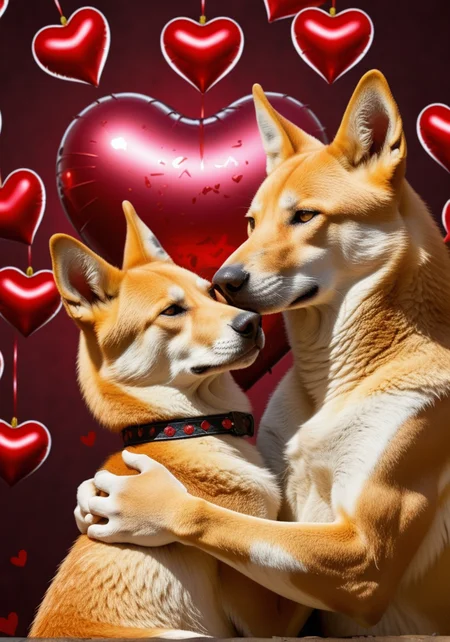 (animal:(Dingo:1.19)), , , (Valentines Day:1.25), (romantic scene:1.3), showing (love:1.2) and (affection:1.15), too many hearts(epic:1.2), trending on artstation, (high quality:1.2), (masterpiece:1.2), high details, incredibly absurdres, colorful), ,,(Baroque:0.98) (Magical Realism:1.36),,, (Jim Davis Style:1.19) (Vellmori Style:0.66), (upper_body:1.16) (Over-the-shoulder shot:1.33) (macro photography:1.17)