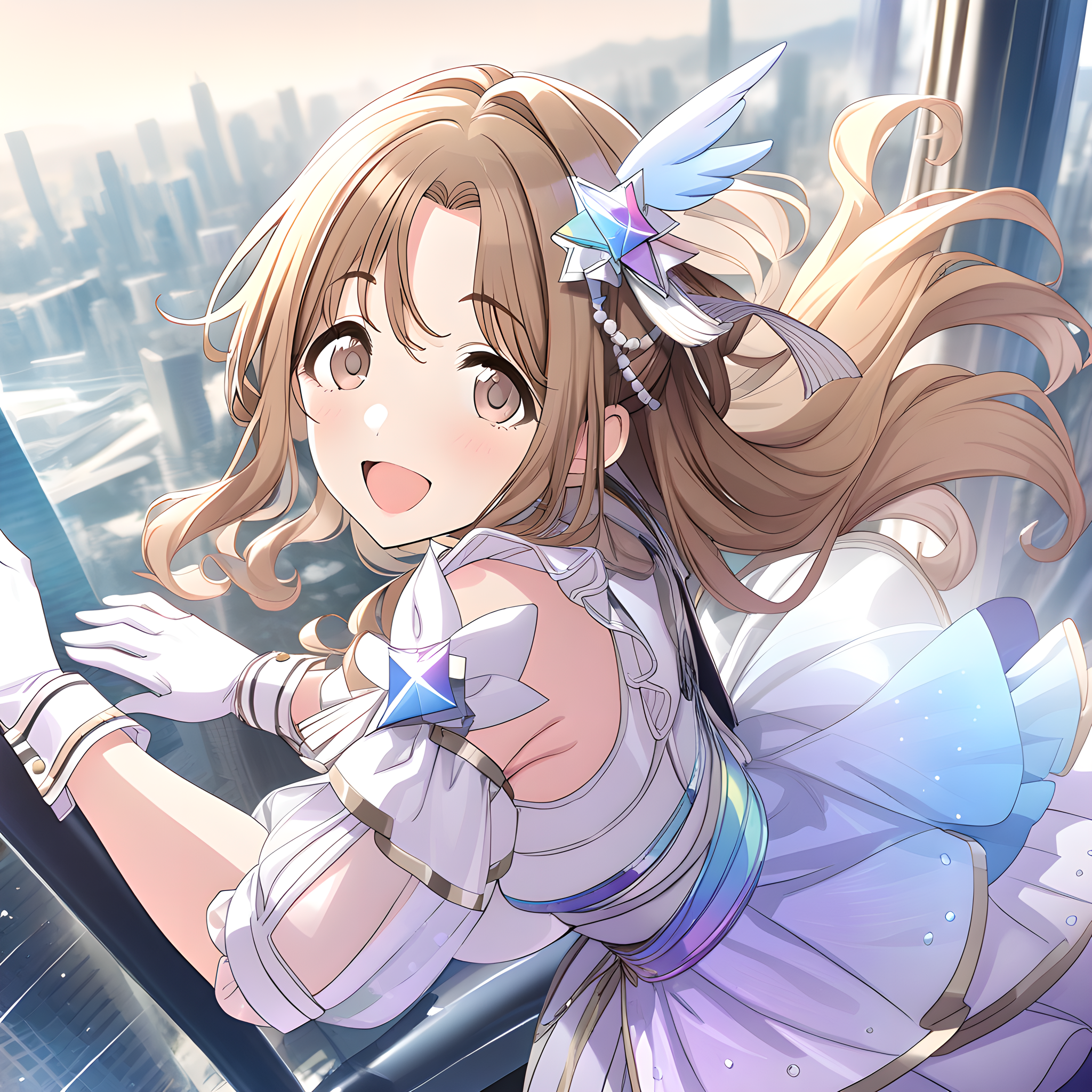 (masterpiece),(best quality),(ultra-detailed),(best illustration),(best shadow),(absurdres),(detailed background),(very aesthetic),
ichikawa_hinana, 1girl, solo, gloves, brown hair, blurry background, white gloves, brown eyes, looking at viewer, see-through sleeves, city background, open mouth, hair ornament, smile, long hair, see-through, breasts, wrist cuffs, songforprism
<lora:Ichikawa_Hinana:1>