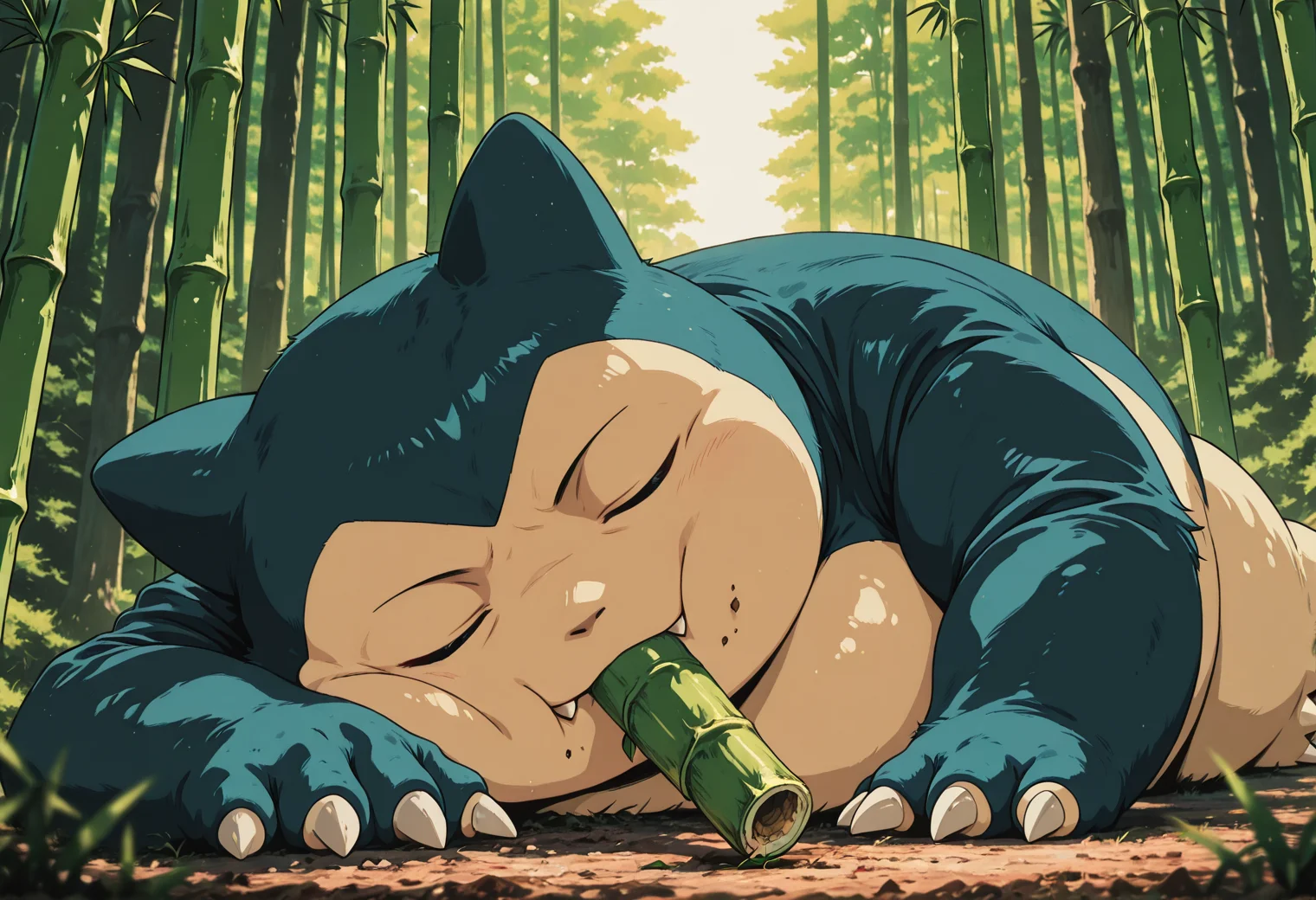 snorlax, (snorlax_(pokemon):1.2), pokemon, solo, no human, closed eyes,
forest, eating bamboo, wholesome, depth of field, forshortening, dramatic lighting,
lying on side,, detailed eyes, perfect eyes, realistic eyes,, masterpiece, best_quality, amazing_quality, very_aesthetic, 8k, high_quality, highres, absurdres, subject_focus,, <lora:AddMicroDetails_Illustrious:0.5>, anime screencap, anime coloring, pinkretroanime, retro art, in the style of cksc, <lora:ChronoKnight_Neurocore_Shadow_Circuit:0.6><lora:WhiteZ_AnimeScreencap:0.1><lora:Pinkielicious_RetroAnime:0.3>
