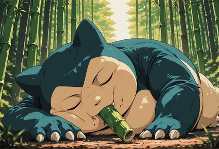 snorlax, (snorlax_(pokemon):1.2), pokemon, solo, no human, closed eyes,
forest, eating bamboo, wholesome, depth of field, forshortening, dramatic lighting, 
lying on side,, detailed eyes, perfect eyes, realistic eyes,, masterpiece, best_quality, amazing_quality, very_aesthetic, 8k, high_quality, highres, absurdres, subject_focus,, <lora:AddMicroDetails_Illustrious:0.5>, anime screencap, anime coloring, pinkretroanime, retro art, in the style of cksc, <lora:ChronoKnight_Neurocore_Shadow_Circuit:0.6><lora:WhiteZ_AnimeScreencap:0.1><lora:Pinkielicious_RetroAnime:0.3>