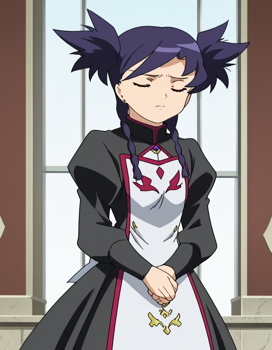 score_9, score_8_up, score_7_up, source_anime, <lora:nina-wang-s1-ponyxl-lora-nochekaiser:1>, nina wang, bangs, twintails, purple hair, braid, twin braids, orange eyes, anime screencap,, long sleeves, dress, jewelry, earrings, puffy sleeves, black dress, juliet sleeves,, apartment, building, rooms, residents, balconies, , <lora:zui-zui-dance-ponyxl-lora-nochekaiser:1>, zui zui dance, dancing, closed eyes,, looking at viewer, solo,, dutch angle, cowboy shot