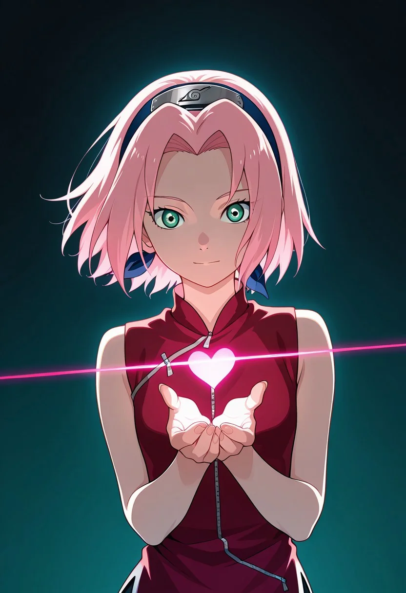 Score_9_up, score_8_up, score_7_up, source_anime, Expressiveh, perfect eyes, 1girl, solo, haruno sakura, pink hair, short hair, green eyes, slim body,Small breasts,
best quality, dynamic pose, dynamic angle, heart, looking at viewer,
 score_9, score_8_up, score_7_up, score_6_up, score_5_up, score_4_up, masterpiece, 4K, quad HD, best quality, high quality, highres, stunning details, highly detailed, ultra detailed, extreme detail, perfect composition, very aesthetic, sharp focus, crisp details, vivid colors, soft lighting, cinematic lighting, dynamic lighting, volumetric lighting, sharp contrast, smooth shading, intricate details, cinematic color grading, clear details, harmonious composition, vibrant colors, ambient lighting, anime-style illustration, vibrant and expressive, ultra-detailed, high-resolution, smooth shading, cel shading, vivid anime colors, best quality, intricate details, elegant pose, cinematic lighting, dynamic composition, anime fantasy background, soft glow, dreamy atmosphere, stunning character design, expressive eyes, 4K HD, anime artstation trending,, ansrd