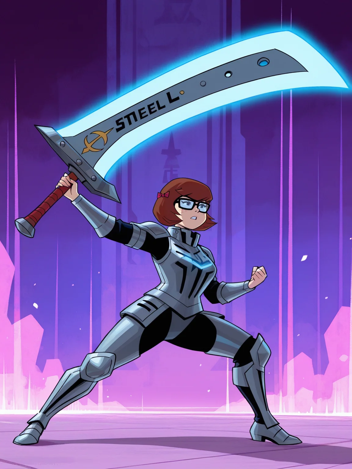 <lora:VelmaIL:0.8> ve_ma, 1girl, black eyes, bob hair, auburn hair, small red bows on hair, thick-framed square glasses, freckles,
gigantic sword, steel armor,glowing liens, action, full body, glowing background