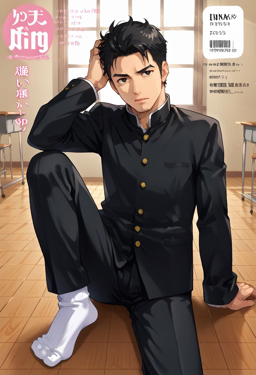 safe_pos, (Aaaild, Aaadjd, manga cover, magazine cover, text) source_anime, safe_pos, perfect anatomy, perfect proportions, best quality, masterpiece, high_resolution, high quality, solo focus, male focus, male only, bara, gay, homo, mature, masculine, manly, virile, macho, hunky, rugged, beefy, handsome, alluring, seductive, heroic, serious, grim, stern, unsociability, bluntness, gruffness, naughty face, moaning, dazed, looking away, focusing gaze, BREAK (asian man, dark eyes, black hair, sideburns, facial hair, thin stubble), BREAK (gakuran, black gakuran, black pants, white socks), BREAK sitting on floor, lying on back, relaxed pose, leaning slightly, one knee bent upward, legs spread, hand supporting head, contemplative expression, horny, kinky, domination, heavy breathing, enticed, excessively sweaty shiny skin, shading, countershading, indoors, classroom, wooden floor