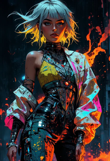 (A hyper-realistic illustration of a futuristic fashion model) A Caucasian woman with a short, asymmetrical bob dyed in iridescent silver with teal and glowing magenta streaks. She wears an oversized, high-collared jacket with swirling holographic patterns blending intricate beadwork motifs in glowing neon yellow, pink, and red, layered over a form-fitting bodysuit embroidered with bold Aztec patterns in metallic blue and gold. Platinum earrings shaped like constellations dangle from her ears, while a silver headpiece with ruby accents rests on her head. The background is deep midnight blue, illuminated by cascading neon holograms of shifting celestial constellations. Captured from a high-angle shot with ultra-high-definition details. mythp0rt, Detailed hand, Hand, Perfect hand, midjourney_whisper_avant_couture