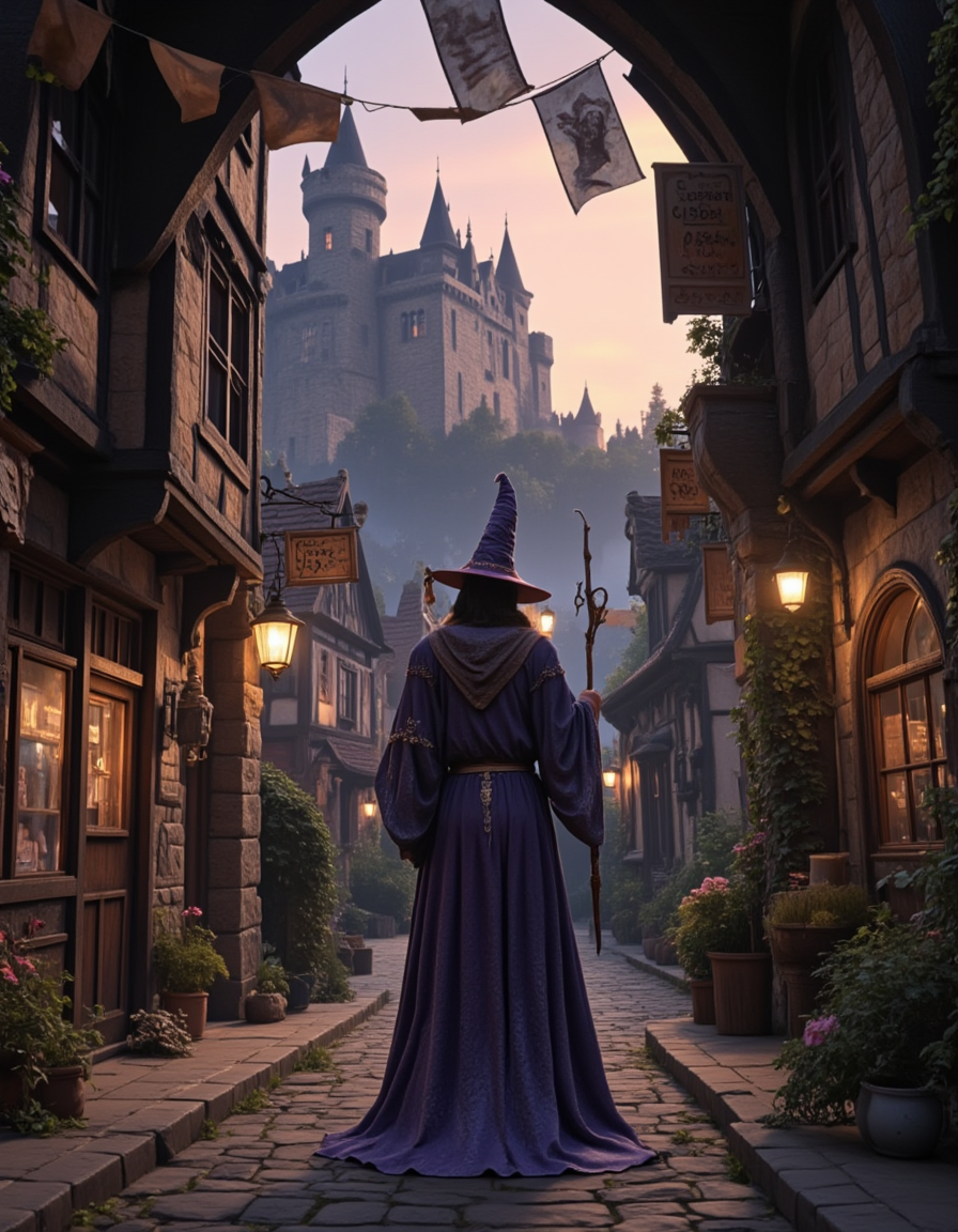 <lora:Medieval_Worlds_Special_fl:1> medieval, sun shades, very detailed, very narrow street, ground view, high castle in the background, signs, shop, illuminated, city lights, houses, vegetation, sunset, under arch, wizard, closeup, from behind, full body, wizard staff, mw01out