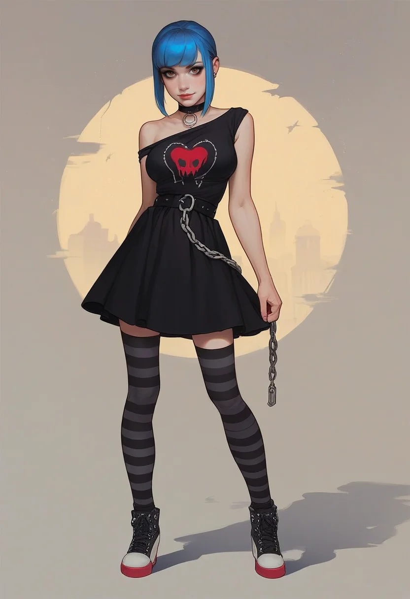score_9, score_8_up, score_7_up, 1girl, 18yo, girl, emo, summer dress, dynamic pose, sweatshirt, mid thigh dress, choker ribbon, checkered and striped clothes, stockings, waist silver chain, black and (pink:0.75) makeup, eyeliner, gumshoes, look at viewer. outdoor, urban background, cowboy shot, shadows, sunny day, busy city. long side bangs, pale skin, (hazel:0.6) eyes, two tone grey and blue hair, hairstyle wolf cut, skinny, thin hands, petite body, upturned nose, sharp nose, shy smile, narrow shoulders, narrow wais, medium breasts, round butt outline, breasts outline,wide hips, pear body shape, detailed face, cute face, pretty eyes, perfect eyes, detailed eyes, semi-realistic, photorealistic face, urban background