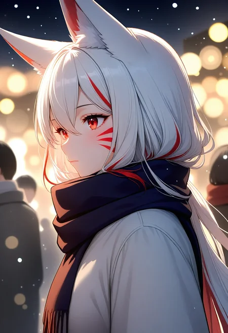 <lora:illustriousXL_stabilizer_v1.23:0.8>1girl,fox ears,red eyes,white hair,red hair,long hair,hair between eyes,closed mouth,multicolored hair,red whisker markings,scarf,upper body,from side,snowing,people,night,bokeh,masterpiece,best quality,
