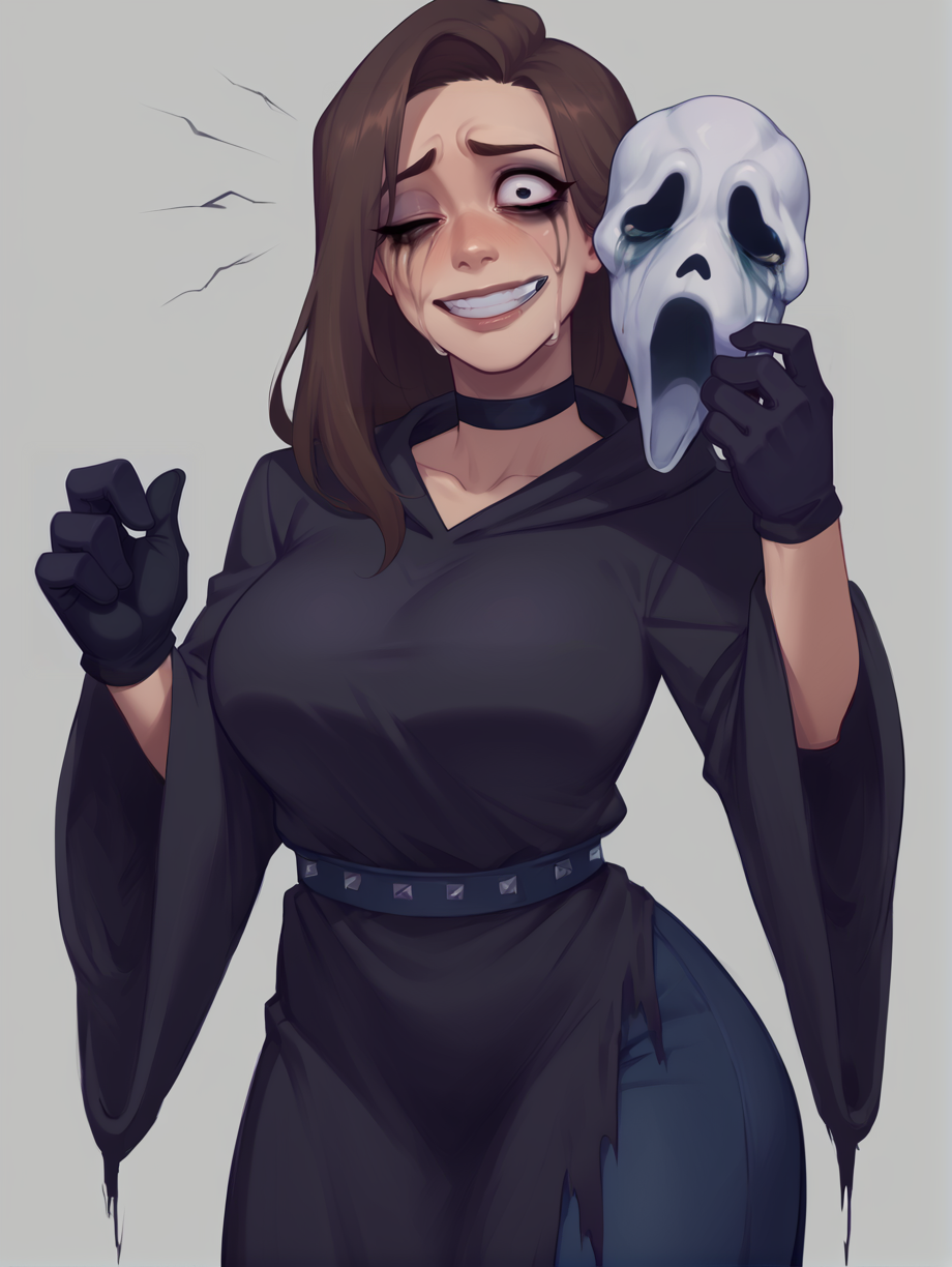 score_9, score_8_up, score_7_up, rating_safe, zPDXL2, zPDXLxxx, zPDXL3, source_anime, 
<lora:Ghostface:1>, 1girl, solo, long hair, breasts, looking at viewer, smile, simple background, large breasts, brown hair, long sleeves, gloves, holding, black gloves, choker, belt, hood, wide sleeves, tears, grey background, grin, black eyes, torn clothes, black choker, makeup, mask, hood down, crying, eyeshadow, crying with eyes open, one eye covered, robe, skull, bags under eyes, eyeliner, crazy eyes, unworn mask, holding mask, black robe, blood from eyes, holding skull, runny makeup