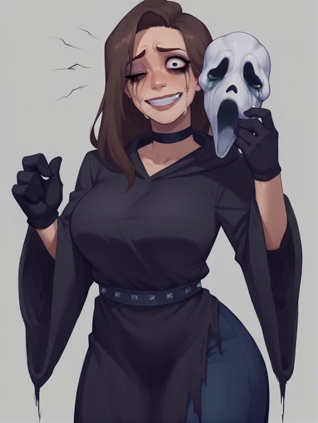 score_9, score_8_up, score_7_up, rating_safe, zPDXL2, zPDXLxxx, zPDXL3, source_anime,
<lora:Ghostface:1>, 1girl, solo, long hair, breasts, looking at viewer, smile, simple background, large breasts, brown hair, long sleeves, gloves, holding, black gloves, choker, belt, hood, wide sleeves, tears, grey background, grin, black eyes, torn clothes, black choker, makeup, mask, hood down, crying, eyeshadow, crying with eyes open, one eye covered, robe, skull, bags under eyes, eyeliner, crazy eyes, unworn mask, holding mask, black robe, blood from eyes, holding skull, runny makeup
