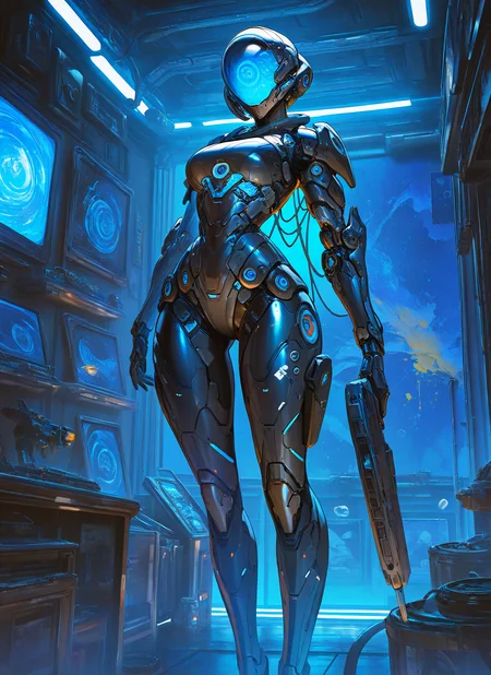 masterpiece, best quality, newest, absurdres, highres, painting, mcnm, 1girl, digital, robotic, black armor, futuristic gun, detailed, <lora:Mechanism-Illustious:1.0>