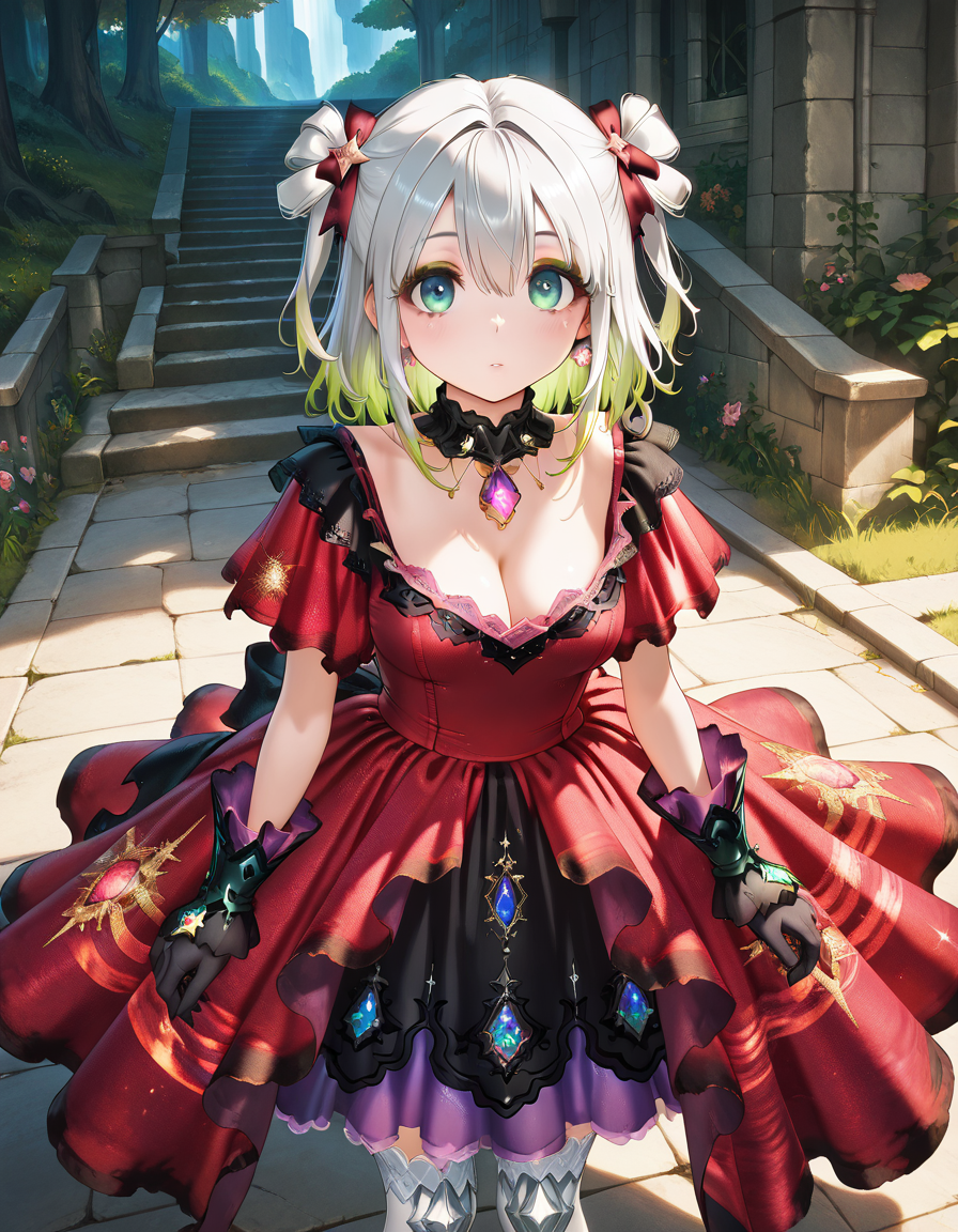 <lora:InfiniteNikki_ThreadsOfReunion_V0.54[IL]:1>, dress, <lora:midis_Midori_V1[IL]:1>, midori, looking at viewer,  medium hair, white hair, makeup, jewelry, green eyeshadow,, masterpiece,best quality,amazing quality,very aesthetic,absurdres,newest,