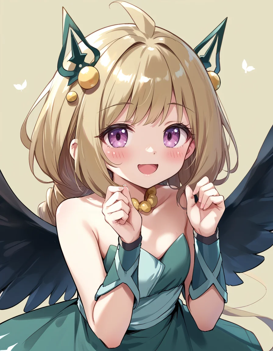 (score_9:0.9),score_8_up,score_7_up,rating_safe,anime style,(zPDXL),(zPDXL3),
<lora:Hugin the Runick Wings ponyXL v1:0.73>,hugin the runick wings, 1girl, solo, open mouth, smile, yellow necklace, hands up, :d, upper body, green strapless dress, blush, simple background, green vambraces, fairy, green hair ornament, from above