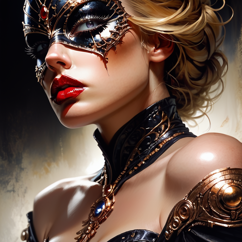 Score_9, score_8_up, score_7_up, score_6_up, BREAK <lora:Ethereal_Gothic_RenaissancePony:1> ArsMJStyle, Etherial Gothic, The image shows a woman wearing a black and gold mask and gloves with a painting of a woman in the background. Her face is painted with intricate details and her eyes are closed giving her a peaceful and serene expression., 1girl, solo, jewelry, blonde hair, ring, red lips, lipstick, makeup, portrait, lips