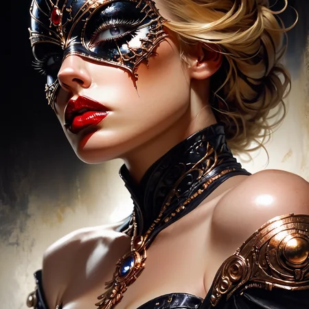Score_9, score_8_up, score_7_up, score_6_up, BREAK <lora:Ethereal_Gothic_RenaissancePony:1> ArsMJStyle, Etherial Gothic, The image shows a woman wearing a black and gold mask and gloves with a painting of a woman in the background. Her face is painted with intricate details and her eyes are closed giving her a peaceful and serene expression., 1girl, solo, jewelry, blonde hair, ring, red lips, lipstick, makeup, portrait, lips