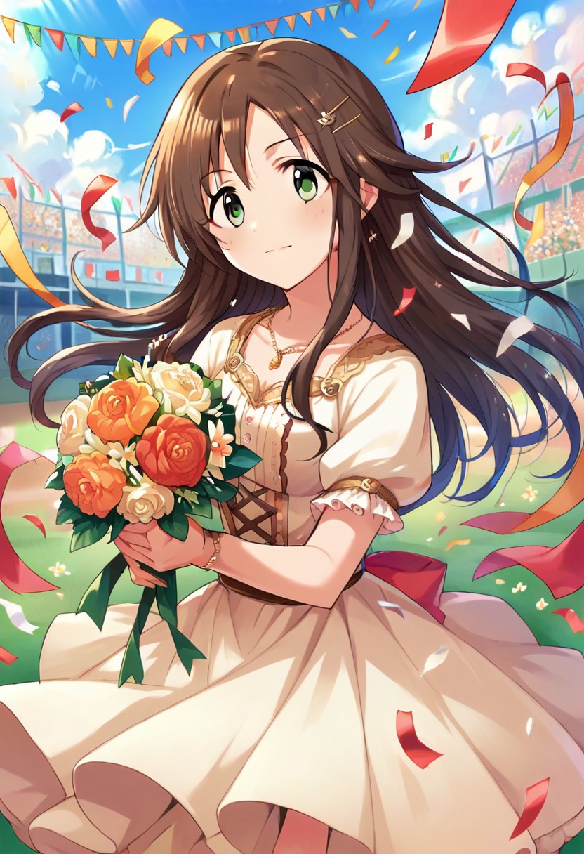 score_9, score_8_up, score_7_up, source_anime,himekawa yuki, long hair, brown hair, green eyes, 1girl, hair ornament, hairclip, bouquet, flower, confetti, baseball, solo, jewelry, dress